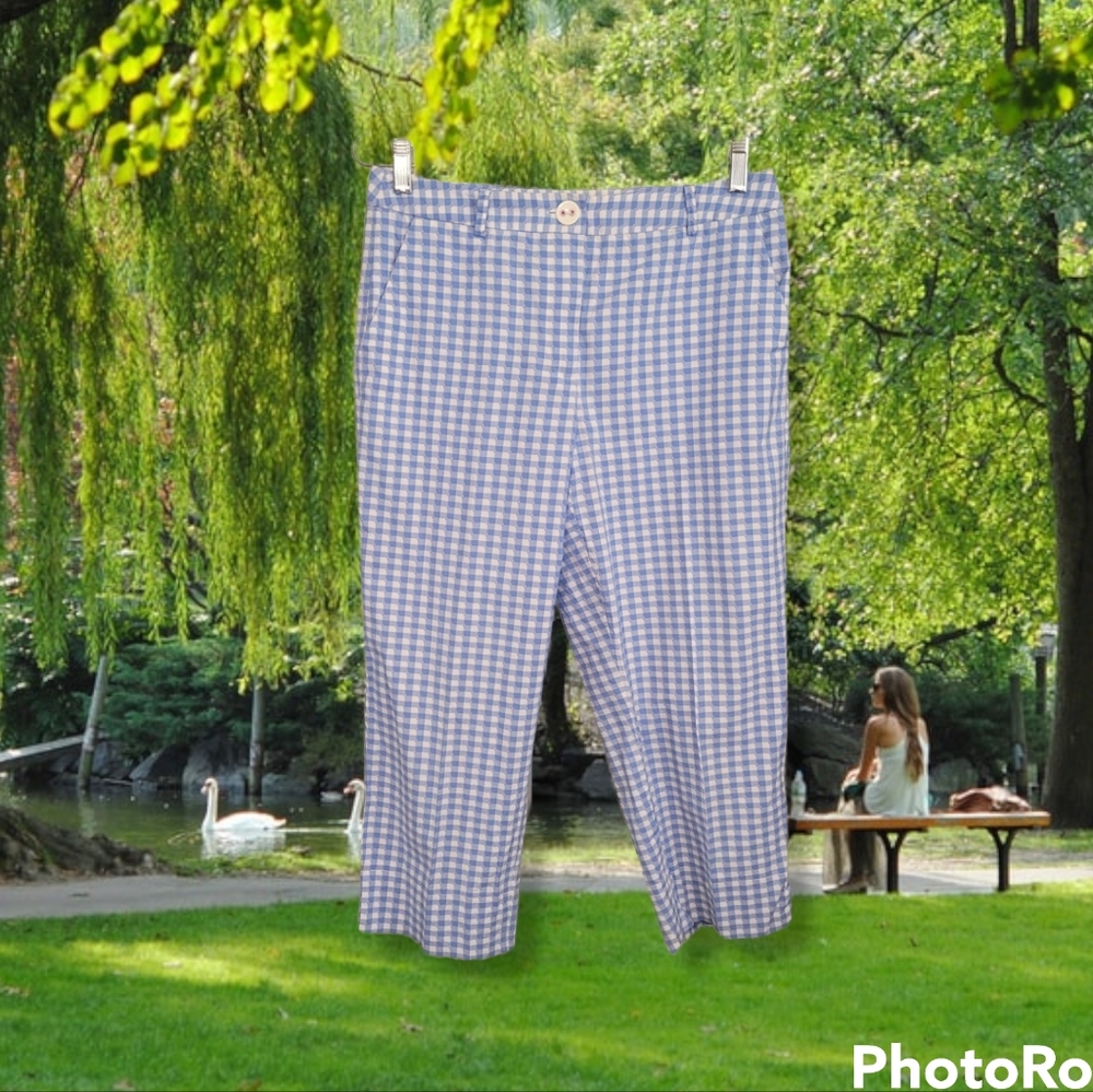 Blue and White Gingham Capri
